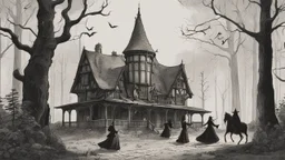 A gothic woodland house with a coven of witches dancing in front of it.