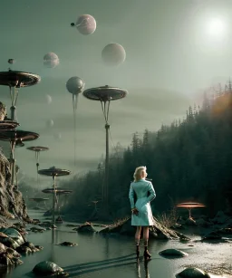 Ultra Realistic retro sci-fi 1960 scene, waist up view portrait, blonde woman, sweet young Marilyn Monroe face, perfect iris, tight latex coat, alien planet background, tight style, steel sphere dron levitating, fog, rain, soft color, highly detailed, unreal engine 5, ray tracing, RTX, lumen lighting, ultra detail, volumetric lighting, 3d, finely drawn, high definition, high resolution.