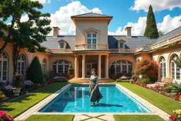 a luxury villa yard with pool in center and pretty plants trees flowers, pretty clouds,a pretty model lady in victorian clothing walking in villa yard path around pool .every thing and lady is made of small colored cubes as a puzzle