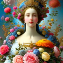 a close up of a statue of a woman surrounded by flowers, digital art, inspired by james christensen, rococo, photography alexey gurylev, crown of blue flowers, clothes made out of flower, agostino arrivabene, jean-sebastien rossbach, portrait of virgin mary, dressed in ornate, shaxi