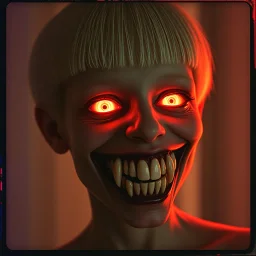 eerie depiction of a tow-headed albino with a bowl haircut, her eyes illuminated with a supernatural glow. This caucasian person bears a grotesquely exaggerated smile, housing large, razor-sharp teeth akin to the chilling grin of Venom. The image is tinged with dark, glitchy and grainy textures reminiscent of vintage VHS tape footage. The image encapsulates a sense of the surreal, fantastical, and macabre.