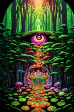 Illustration, Psychedelic art, human eye in a forest full of colourful mushrooms, vivid colours, intricate details, maze, gears, in the style of H.R.Giger, DMT, ultra detailed, photorealistic, top light, 35mm lens, fish-eye