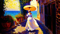 create a luminous oil painting in the style of Claude Monet, elderly woman in flowing gown and parasol strolling through a medieval cobblestone alley, soft glowing colors, impressionist brushstrokes, distant sea shimmering under warm sunlight, atmospheric dreamlike light --ar 16:9 --v 7 --stylize 1600