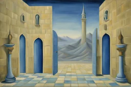 an open Arab gate in a blue-tiled wall with a view of an old city by artist "Rene Magritte",by artist "Leonora Carrington"