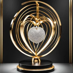 A magnificent golden and silver heart-shaped sign adorned with a stunning golden sphere encrusted with sparkling diamond clusters at its center, elegantly spinning in position.