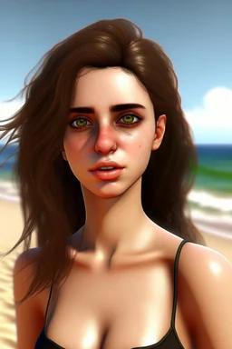 Frau, 26-jährig, realistische Haut, realistische Haare und haut, lasziver Blick, grosse augen, bikini am strand.