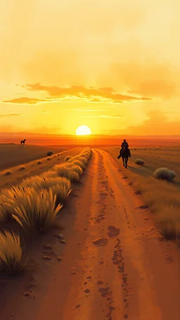very dusty dirt horse path coming over a shallow hill with sunset in the prairies, horizon line is low in the composition, old western, painting based on grainy photo, orange brown tones