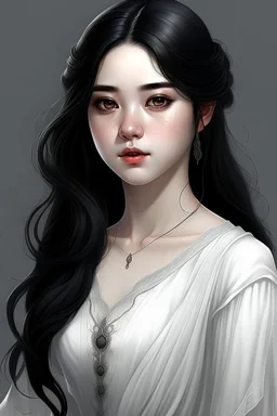 a 16 year old woman, white skin, medium length wawy black hair, beautiful round face, black eyes, round body, in a white dress, realistic epic fantasy style