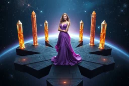 A breathtaking cosmic fantasy scene featuring a stunningly realistic beautiful woman with a perfect face and sculpted figure standing gracefully at the center of a floating geometric platform in deep space. She wears an elegant flowing gown in vibrant purple and pink hues that billow around her perfect form. The platform is constructed from dark cobblestone-like blocks arranged in a cross or star shape. Surrounding her are magnificent crystalline towers and pillars in gold, amber, and electric b