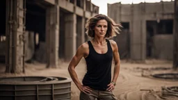 beautiful slender caucasian female technician, black tank top, well toned muscles, weathered face, scratched sand camo metal details, short brunette wavy bob haircut, dystopian, desert scene, jumping from a futuristic tank