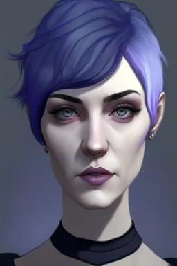 Realistic woman with pale skin, big grey eyes, blue and purple short hair, angular facial features, prominent collarbones, black clothing