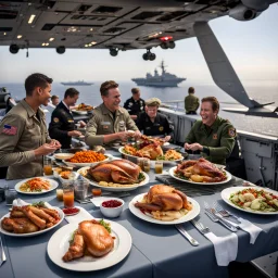 Thanksgiving dinner on the flight deck of an aircraft carrier