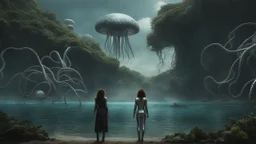 Detailed matte painting of a wide-angle shot of a woman, standing on the right side of an alien beach, with dark hair in a silver robotic catsuit, many large floating jellyfish with octopus tentacles, alien jungle trees in the distance