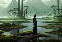 A skinny woman with a black bob hairstyle, in a green and silver suit, standing, looking out over a lake, in an alien forest, with tall narrow cloud trees, with flying dandelion heads with octopus tentacles