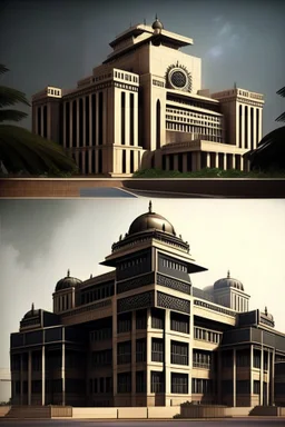 Architectural style for building of India's Intelligence Bureau , make it visibly military and intelligence style at the same time similar to Indian Architecture, use darker colors