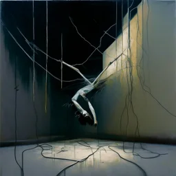 Minimal abstract oil painting of a falling person limbs sinew. Amongst concrete fragments brutalist architecture and hanging wires illuminated at night. In the style of Justin Mortimer and Francis bacon