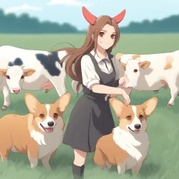 A young woman with long brown hair, red eyes, corgi ears, corgi tail, in a field with cows