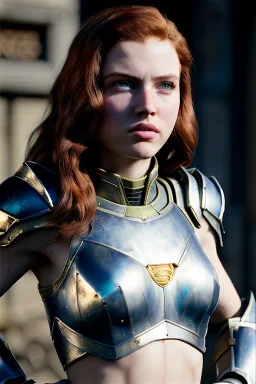 ultrarealistic, ruined city,__Starcraft armor__, __angles__, 19 year old woman, strikingly beautiful, ginger hair, silver colour, [__starlets__|__starlets__], (pale __skincolor__ skin:1.2), __camera__, _hair_, detailed face and eyes, medium breasts, leather choker, freckles, dynamic pose, resolved expression, __accessory__, strappy outfit, (straps:1.1), sword in scabard on left hip, (buckles, buttons, snaps, rings:1.0), haltertop style breastplate, detailed eyes, plump lips, sci-fi theme