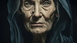 gloomy-looking Elderly hungarian woman, clad entirely in black attire and european black head scharf, exuding a gloomy aura, witch, somber tones, ultra fine detail, high detalied, professional photo, high quality, high textures. mystic and good aura, pale light in background