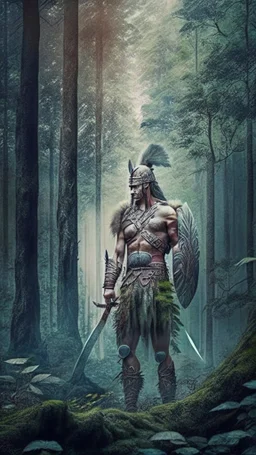 warrior blessed by nature, forest in the background