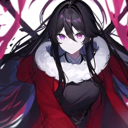 Clear focus, High resolution, rough line sketch art, long black hair, hair between eyes, fluffy hair, purple eyes, wearing a black and red kimono with a black short skirt, dark aura