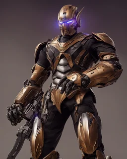 A brave iranian warrior with leather and metal combat clothes robotic metal with Chafee robo fighter, thanos