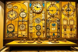 A golden yellow desert with clocks and hourglasses designed in Medieval tapestry painted by Piet Mondrian