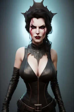 Amy Dumas as evil queen in black leather, leather, busty, cleavage, angry, rage, stern look. character design by cory loftis, fenghua zhong, ryohei hase, ismail inceoglu and ruan jia. unreal engine 5, artistic lighting, highly detailed, photorealistic, fantasy