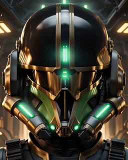 star wars bald male corellian pilot wearing black and bright gasoline green First Order special forces TIE pilot commando armored flightsuit and helmet with gold trim inside the jedi temple, centered head and shoulders portrait, hyperdetailed, dynamic lighting, hyperdetailed background, 8k resolution, volumetric lighting, light skin, fully symmetric details