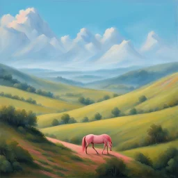 a pink horse in hills like a 19th painting