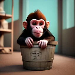 a monkey in a barrel in a town swuare