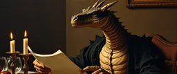 close up portrait painted by Rembrandt, stupid looking dragon holding speech at dinner table