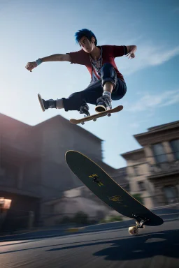 8k quality realistic image of an attractive anime boy doing a skateboard trick, action, up close