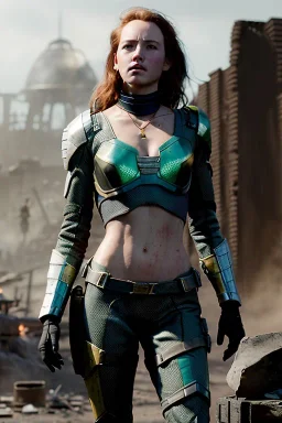 Hannah Hays, ruined city, ultrarealistic, dynamic, concept art, strikingly beautiful (18 year old girl:1.2),_skimpy lost in space armor_, Hair (long ginger:1.1), Face (freckles:1.2), body, medium breasts (heavy cleavage:1.2), tracing, ambient light, highres, (hyperrealistic:1.2), (perfect face:1.1), intricate (high detail:1.1) body, beautiful detailed eyes (emerald:1.3), _camera_, _pose_, plump lips ,sci-fi theme, Model hash: ddc3021b