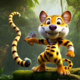 Marsupilami comic figure, photorealistic picture, unreal engine 5, lifelike, high detail intricate, jungle background, realistic proportions, tail exiting frame, extremely long tail