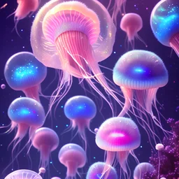 jellyfish glitter pink and blue in a galactic ambiance, delicate colors in the foreground, full of details, smooth, light effect，vaporwave colorful, smooth, extremely sharp detail, finely tuned detail, ultra high definition, 8 k, unreal engine 5, ultra sharp focus