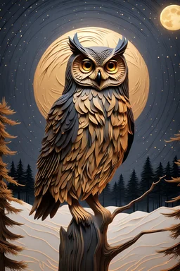 A captivating and mesmerizing 3D render of a striking minimalist silhouette of an owl, transformed into a nighttime scene. The owl's body is filled with a warm golden hue, representing a starlit sky and a radiant full moon. The center features a delicate, flying bird, symbolizing the owl's spirit. Beneath the owl, a serene landscape of pine trees and a resting owl unfolds, creating a sense of tranquility and harmony with nature. This enchanting illustration masterfully blends elements of wildlif