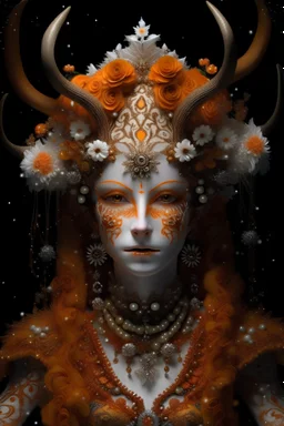 Woman humanoid reindeer queen portrait with extremely textured skin and Golden dust white floral crown and fur, adorned with white and light ginger berry colour snowy leaves and snow flblack. Orchid with small seapearls ornate crystal lace, wearing pearl black lace effect Halloween costume and masque Organik bio spinal ribbed detail of snowy orange candle athmoshpheric full. Ornate floral background white spider web and a pumpkin around extremely detailed hyperrealistic maximálist concept ar