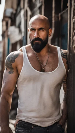 half figure photography of a shy dirty arab burly muscular beefy strong man 38 years old with raided beard, shaved hair, tattoo, ajar mouth, photorealistic ,dressed with a white tank top, side light, outdoor in a dirty street full of garbage