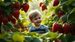 happy little boy looking at an enormous strawberries on the plant, exquisite composition, beautiful detailed intricate insanely detailed octane render trending on artstation, 8k artistic photography, photorealistic concept art, soft natural volumetric cinematic perfect light, chiaroscuro, award-winning photograph, masterpiece, raphael, caravaggio, Alma Tadema, Bouguereau