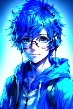 blue themed nerdy anime boy