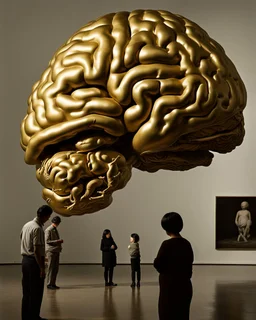 a huge golden inflated sculpture of brain supported by very small beautiful Asian female human bodies, Communist propaganda slogan banner,complex surgical instruments,a newborn boy between light and shadow, black background,surrealism, symbolism, minimalism, sculpture by Lucian Freud, Rene Magritte, Salvador Dali