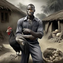 a black man holding a chicken in a village setup 3D real image