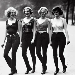 Four Ziegfeld Girls on jeans walking