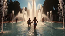 sunshine, frolicking in sparkling fountains, recreation, relaxation, luxury, magnificent, showers, glistening water spray, people, dream world, calm beauty, symmetry, fantasy world, magic, splendor, uplifting, inspiring, therapeutic, chiaroscuro, color, award-winning colour photograph, beautiful composition, exquisite detail, Nikon 135mm