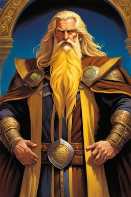 man big man in dark brown travelers cloth. he has long, unruly yellow hair and unruly yellow beard. show all of the head. anatomically correct hands. perfect hands. fantasy setting. concept art, mid shot, intricately detailed, color depth, dramatic, 2/3 face angle, side light, colorful background. Style of Michael Whelan