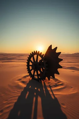 drone view, desert sunrise behind a large rusty cogwheel standing in sand and shadow of the wheel looks like a curved backbone part of giant sandworm monster with jagged backbone fins, large open space, dramatic, cinematic, great shadows, amazing contrasts