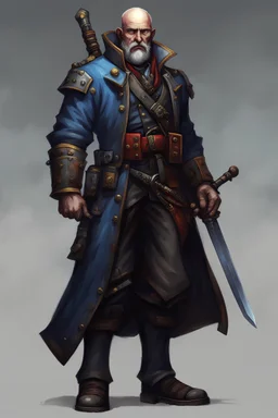 warhammer 40k rogue trader male rugged features bald with grey colored beard blue eyes and commissars clothes sword full body grim artstyle