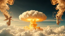 a nuclear explosion cloud(middle), the wind and smoke from the explosion forming shapes of dancing women with small angel wings(left and right sides) like cherubs in the clouds, religiose art