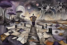 inner world this atypical world, in midle one alone human figure with a big map his hands in weird alternative clothes stands on the thin bridge , weird whimsical landscape, forest, and Sahara water and rocks,, around surreal cracked painted weird land with some black doors. dark purple, gray, black, white, brown. Whimsical style of Chagall , of Minjae Lee and Anton Semenov, lonely with absurd beauty. broken, weird bizarr,e absurd nightmare, neuron network background, surreal vibe